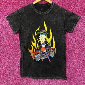 Betty Boop Biker Betty Flames Graphic Tee Charcoal Small